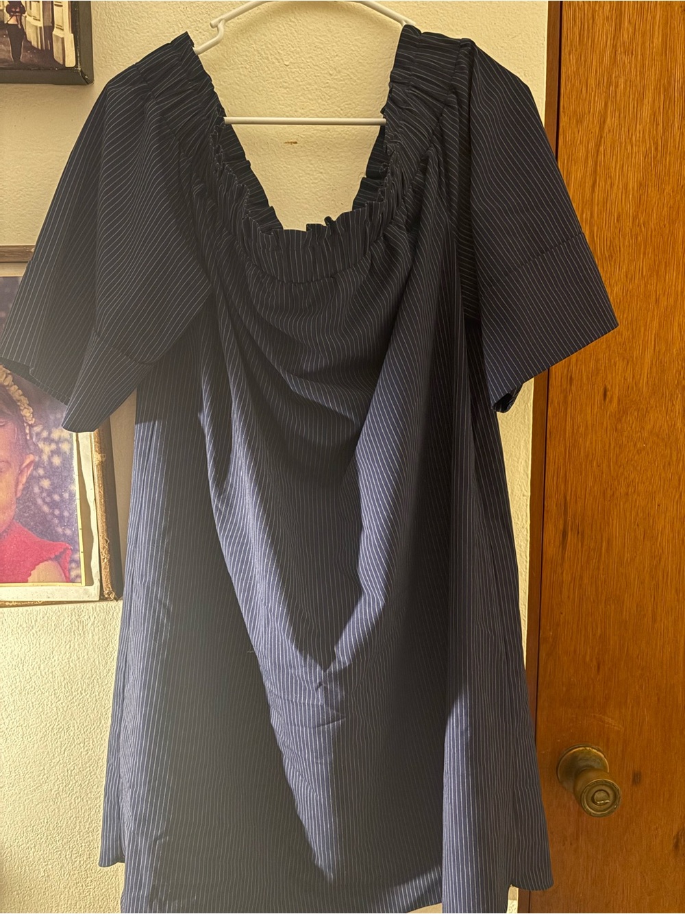 RACHEL Rachel Roy Navy Pinstripe Off-Shoulder Tunic